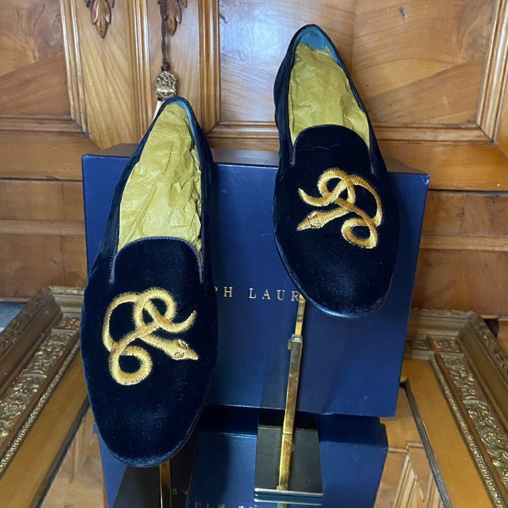 Ralph Lauren Collection Black Velvet Gold Bullion Embroidered Snake Slipper